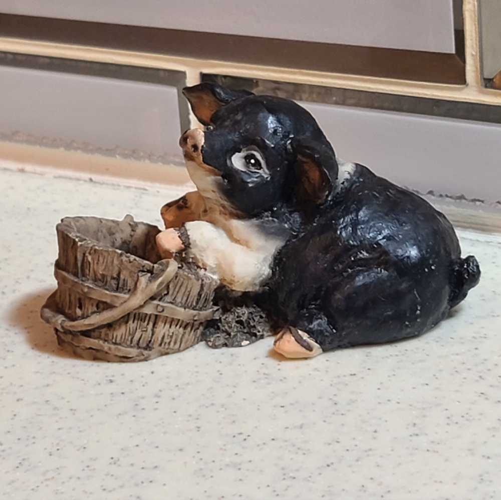 Black and White Pig Figurine With Barrel Super Cute Collectible